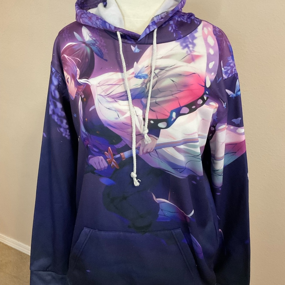 Anime Graphic Hoodie with Purple and White Accents